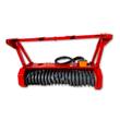 Red forestry drum mulcher, front: exposed cutting drum with bolt-on teeth, push frame, hoses and valve block