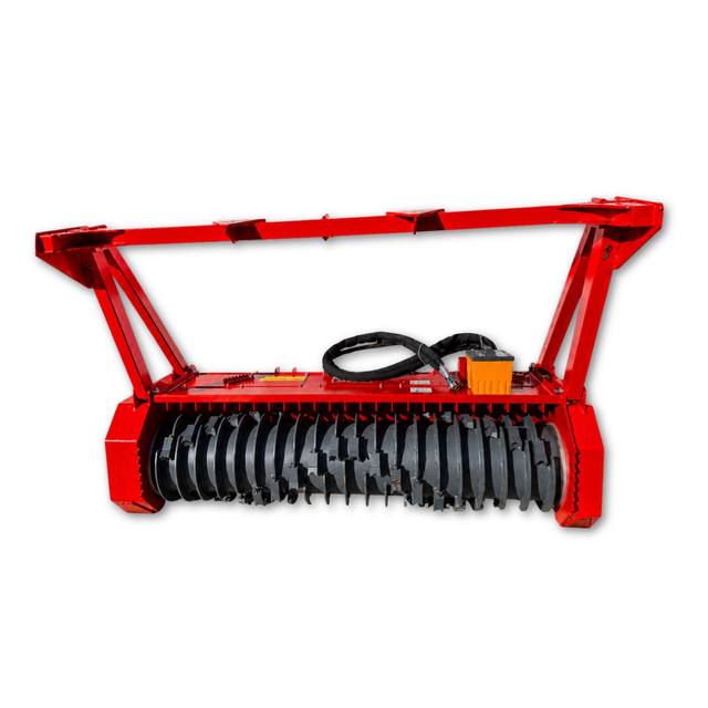 Red forestry drum mulcher, front: exposed cutting drum with bolt-on teeth, push frame, hoses and valve block