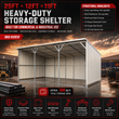 Feature graphic: 25x12x11 ft heavy-duty storage shelter, structural highlights listed