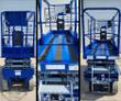 Blue scissor lift: rear, the platform deck with anti-slip strips and control box, and the front with the deck extension