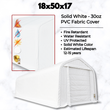 White 30oz PVC dual-truss fabric building with winch door, 18x50x17, fire/water/UV-resistant feature icons
