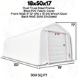 White dual-truss PVC fabric building, winch door, dimension callouts 18x50x17, 900 sq ft, 9'10"x13' door