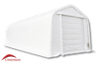 White 30oz PVC dual-truss fabric building with winch door, on white background, Covermore logo