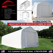 Covermore spec graphic: white 30oz PVC dual-truss RV shed 18x50x17ft, feature list and frame diagrams