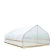 Tunnel greenhouse rear corner, clear EVA film over galvanized hoops and lumber base rails