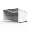 20x12 open-front livestock shed on a skid base, white steel panels, sloped roof, center support post