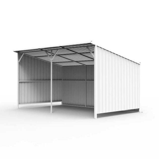 20x12 open-front livestock shed on a skid base, white steel panels, sloped roof, center support post