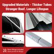 Material detail graphic: carport roof bracing, panel finish and tube joint, extra fittings included