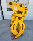 Yellow ALS1638 rotating grapple, jaws open, pin-on mount head and rotator bearing above red tooth tips
