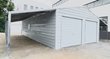 Gray metal car garage with an open lean-to on one end and two roll-up doors