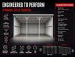Building-specifications graphic for the 25x12x11 ft shelter: frame steel, wind and snow load ratings