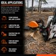 Wolverine stump grinder on a skid steer grinding a stump into chips; panel lists uses like land clearing, tree service
