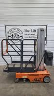 JLG 12SP push-around vertical mast lift, lowered, opposite side view of the platform, mast and base