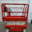 Snorkel S3219E electric scissor lift, orange, stowed, side view with rails and control box