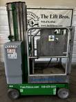 Genie GR-20 Runabout mast lift lowered, opposite side view with grey battery cabinet and platform