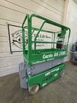 Green Genie GS-1930 scissor lift, stowed, rear 3/4 view with entry ladder and gray scissor stack