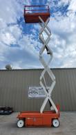 Snorkel S3226E electric scissor lift, platform raised to full height, front view