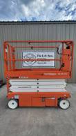 Snorkel S3226E scissor lift, stowed, opposite side view with platform rails