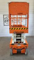 Snorkel S3226E scissor lift lowered, end view with the Snorkel logo, caution stripe, amber beacon and rear wheels