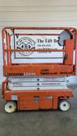 Orange Snorkel S3219E electric scissor lift, stowed, side view
