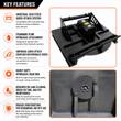 JCT 72in brush cutter features graphic: universal quick attach, standard flow, hydraulic gear box, blade disc underside