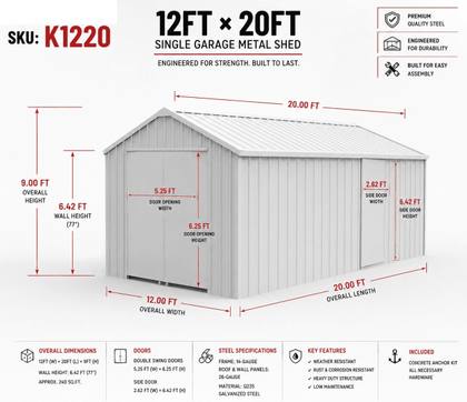 Dimension diagram of the 12x20 single garage shed: 9 ft height, 5.25x6.25 ft door opening
