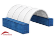 White PVC arched roof shelter spanning two blue shipping containers, open drive-through ends