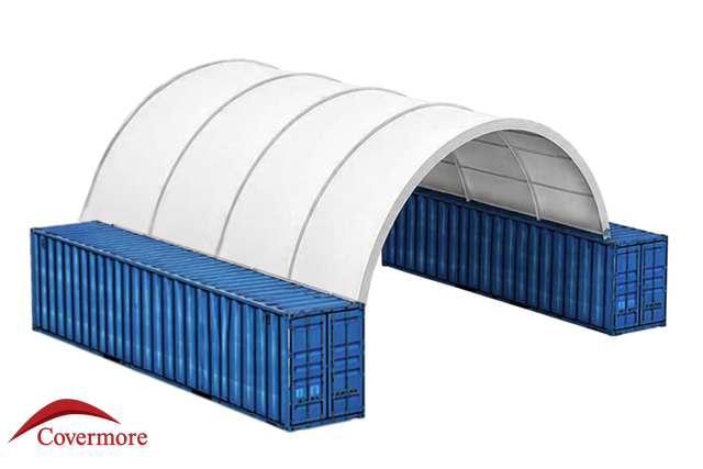 White PVC arched roof shelter spanning two blue shipping containers, open drive-through ends