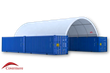 White PVC arched container shelter spanning two blue shipping containers, open front end
