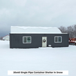 Dark gray container fitted with a white arched shelter cover, snow on the roof, office door and two windows on the side