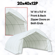 White PVC arch fabric building with front zipper door open; callout notes 14'W x 11.5'H zipper doors on both ends