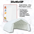 White PVC arch fabric building with 21oz solid-white cover icons: fire retardant, water resistant, UV protected