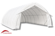 White 21oz PVC arch fabric building, front zipper door open, galvanized steel arch frame visible inside