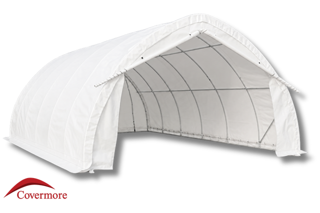 White 21oz PVC arch fabric building, front zipper door open, galvanized steel arch frame visible inside