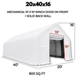 White 20x40x16 PVC fabric building with dimension callouts: 10'x10' winch door front, solid back wall, 800 sq ft