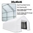 20x40x16 dual-truss fabric building spec graphic: interior galvanized steel truss frame and exterior white PVC cover