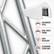 Galvanized steel dual-truss frame tubing with feature list: rust resistant, clearspan structure