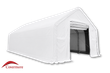 White 20x40x16 PVC dual-truss fabric building, front winch door rolled open, solid side walls