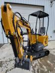 AGT DM12-C mini excavator, boom raised: articulating arm, hydraulic thumb, digging bucket, canopy over the seat, tracks