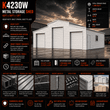 Feature graphic for the 42x30x13 cream storage shed: three roll-up doors, side entrance, window