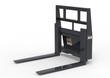 3D render of black mini skid steer pallet forks: two tines, headache-rack backrest and quick-attach frame