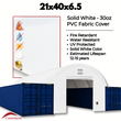 Covermore spec graphic: 21x40x6.5 30oz PVC container shelter, feature list and durability icons