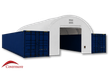 White 30oz PVC container shelter with end wall and winch door, spanning two navy shipping containers