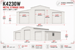 Dimension diagram of the 42x30x13 cream storage shed: three door widths, front and side views