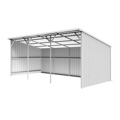 Open-front 25x12 ft livestock shed, white steel, 3/4 view showing the full structure