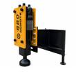 AGROTK 680 post driver: yellow guard panel over the black hammer cylinder, cupped post cap, quick-attach frame