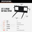 Dimension sheet for the JCT 2-spear hay bale spear: 40in overall width, 18in height, 42in tines spaced 25in