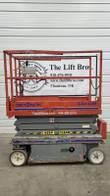 Skyjack SJIII 3219 scissor lift, platform lowered, front view, tag MC