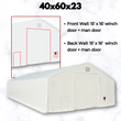 40x60x23 fabric building with a 15 x 16 ft winch door plus man door on both the front and back walls