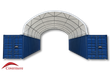 White 30oz PVC container shelter arched over two blue containers, open end showing steel truss frame